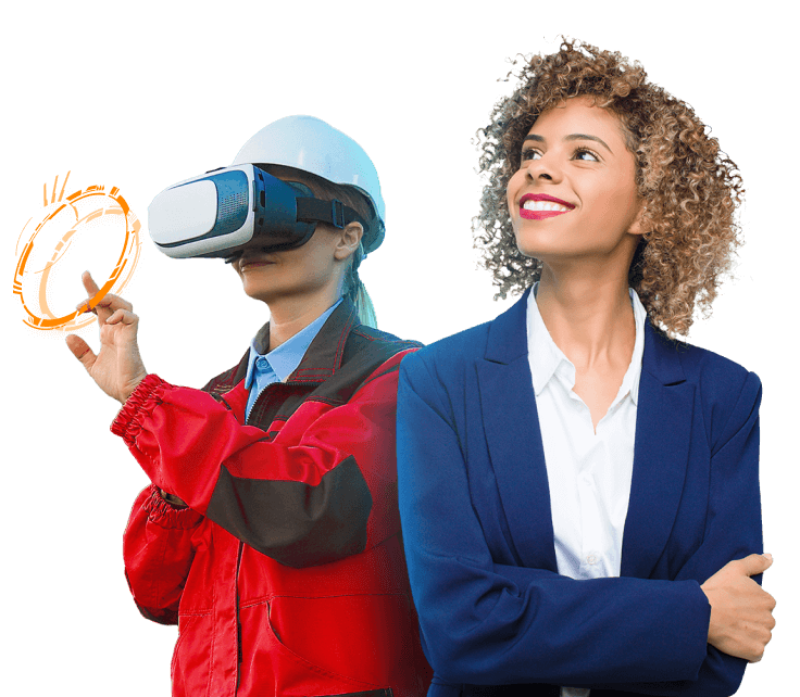 Duas mulheres juntas, uma sorrindo e outra utilizando um oculos de realidade virtual