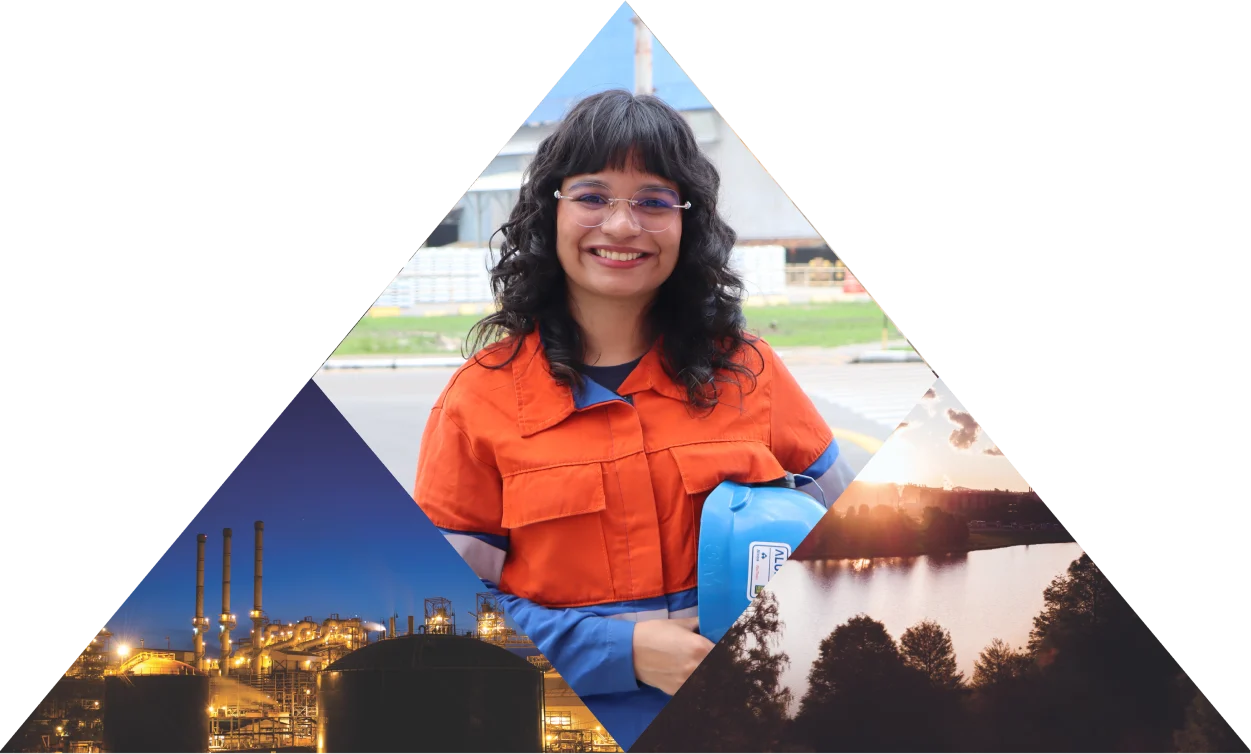 Mosaico de uma mulher sorrindo e utilizando equipamentos de EPI, foto de uma paisagem na natureza e uma foto da fabrica