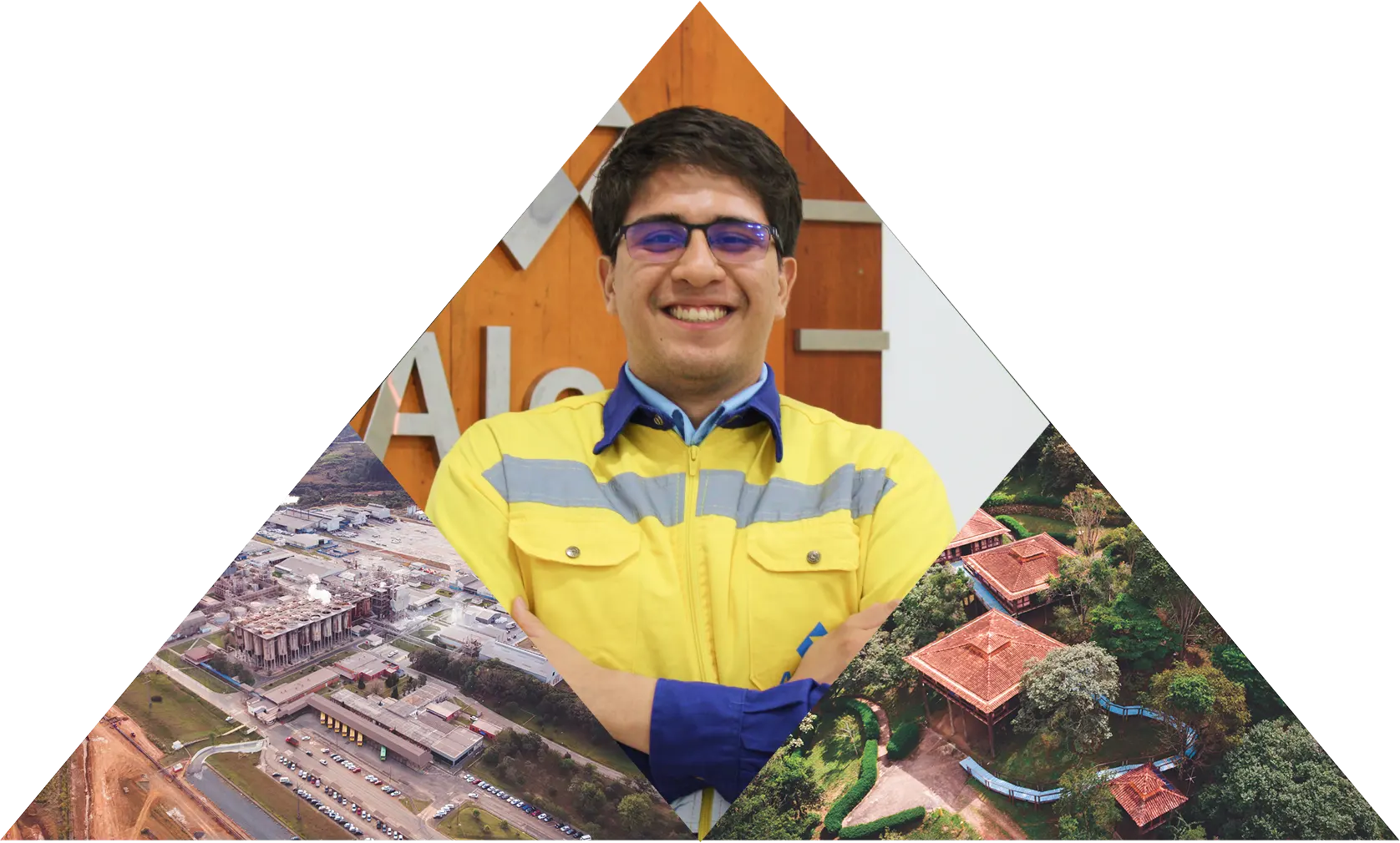 Mosaico de um homem sorrindo utilizando EPI com fotos de drones das fabricas