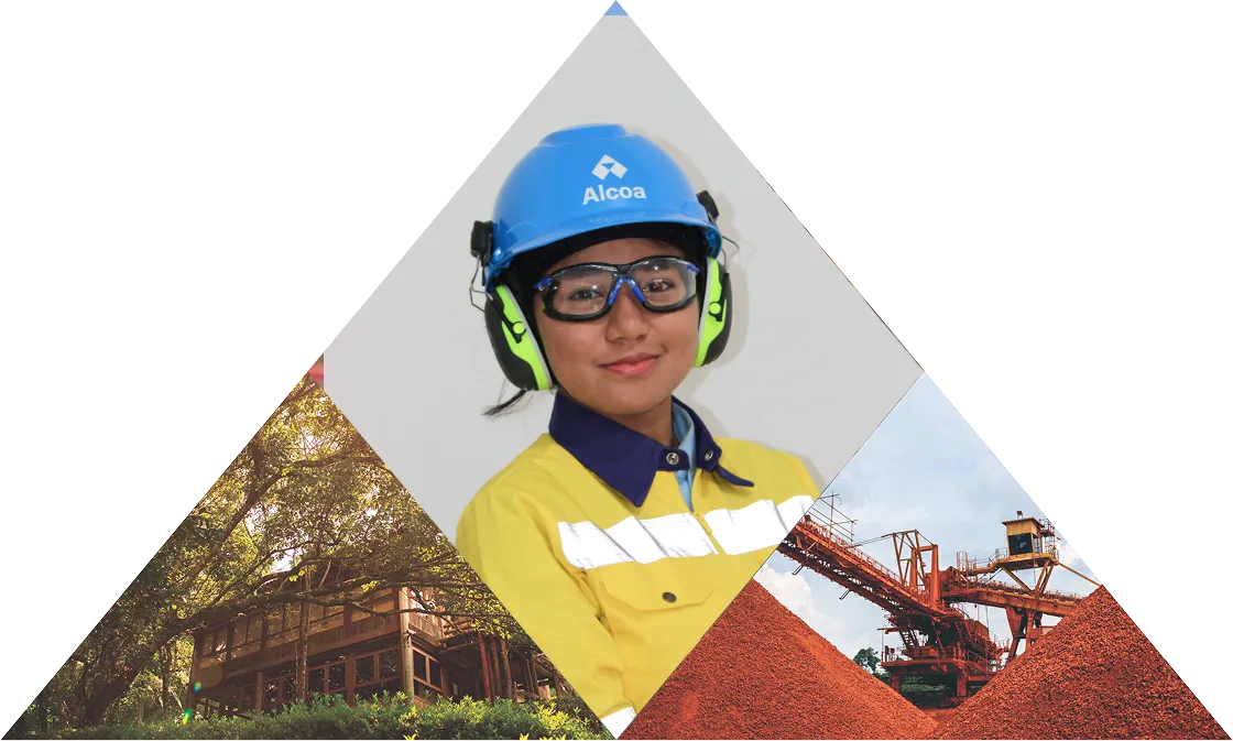 Mosaico de fotos com uma mulher trabalhado e utilizando EPI, uma imagem com maquinas e uma casa com natureza em volta