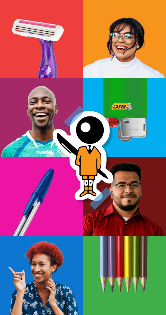 Mosaico onde está representando diversidade de pessoas e produtos bic