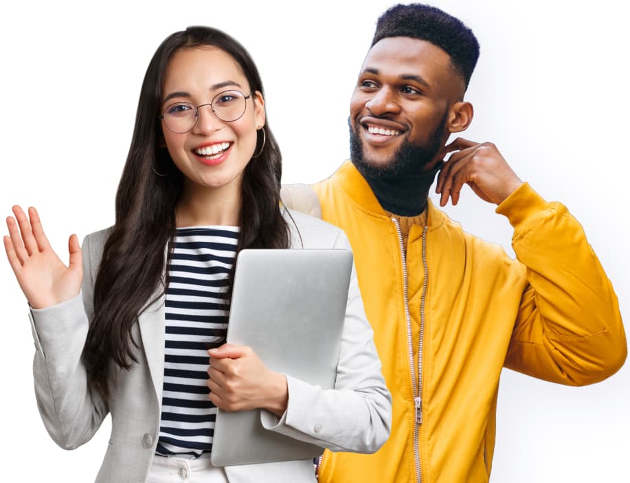 Uma jovem oriental ao lado de um jovem negro sorrindo para uma foto