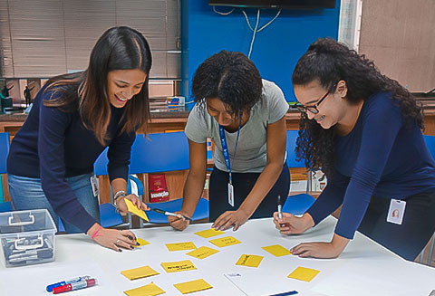 Mulheres jovens no escritório escrevendo em post-it