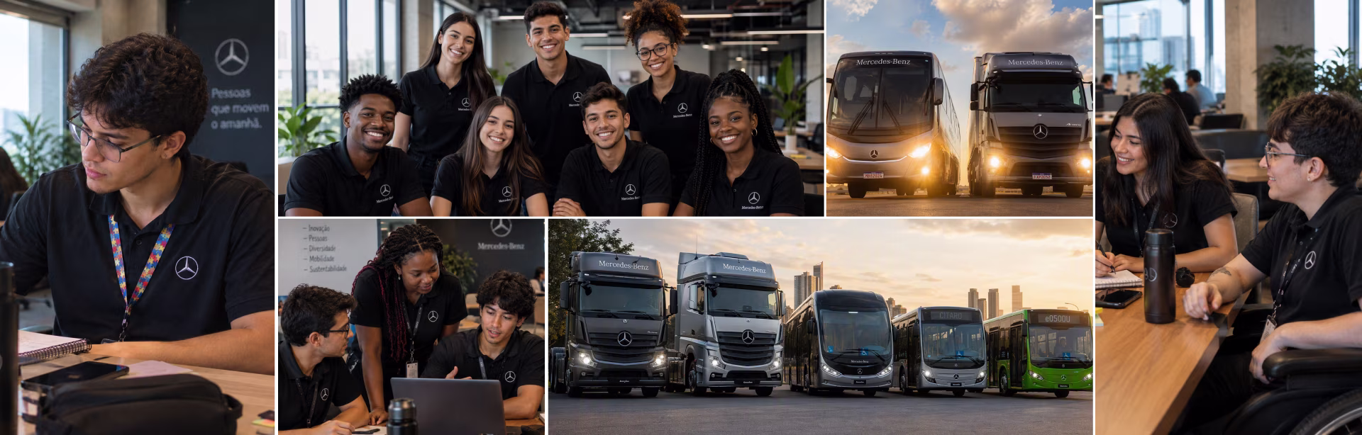 Mosaico de estudantes trabalhando em equipe e de caminhões e ônibus Mercedes-Benz