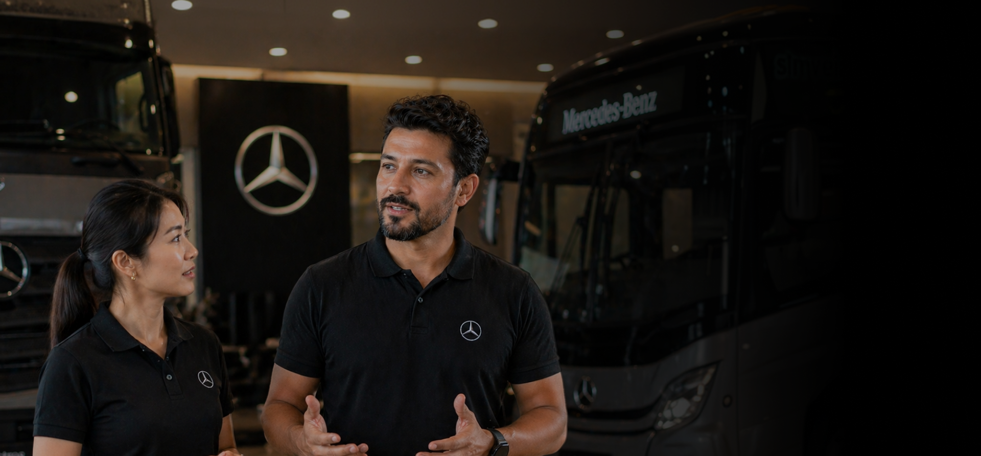 Dois profissionais da Mercedes-Benz conversam diante de caminhões e ônibus da marca