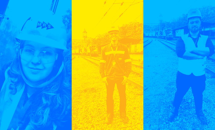 Montagem de jovens estagiários com EPI, filtro azul e amarelo