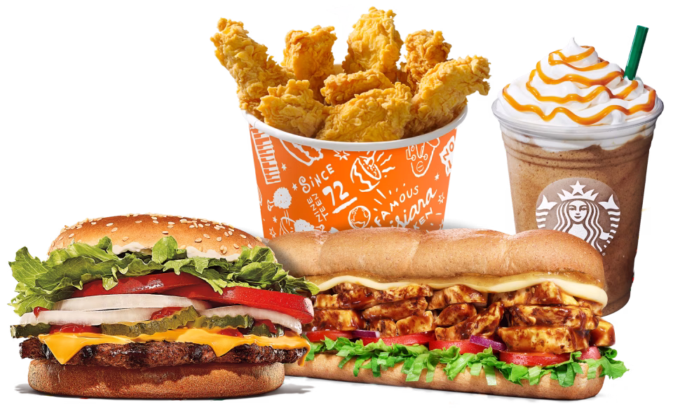 Whooper do Burger King, frangos do Popeyes, frappuccino do Starbucks e um lanche Subway