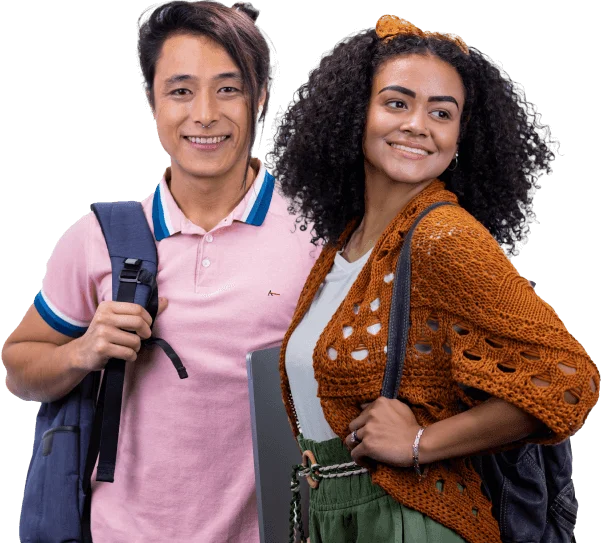 Two young people with backpacks and smiling