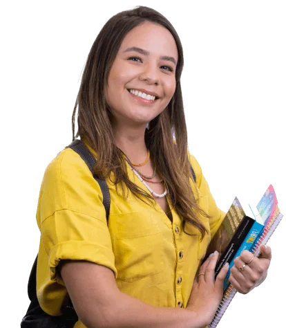Smiling young person and holding college material