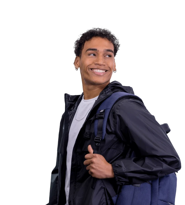 Young person with a backpack and smiling