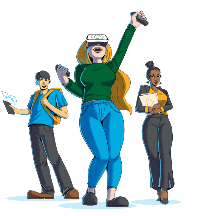 Ilustração de um grupo de jovens estagiários utilizado VR